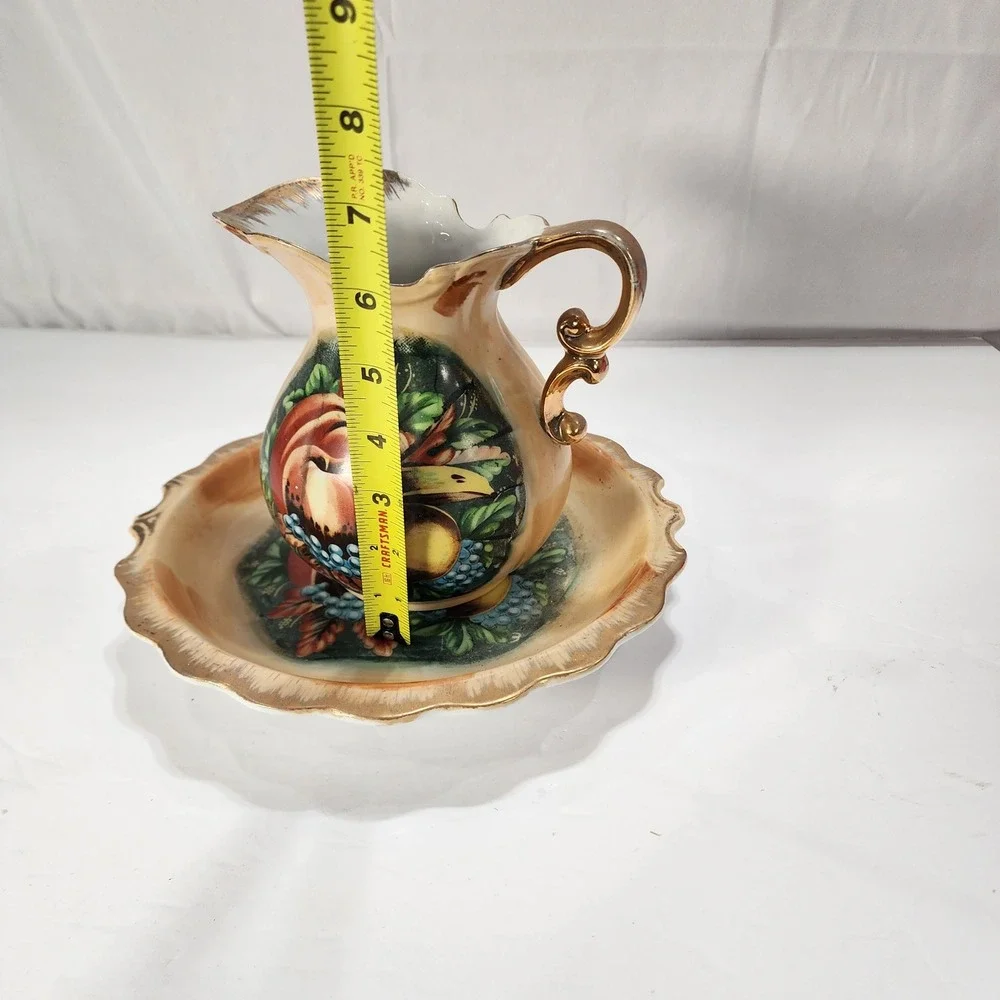 Vintage Fruit Motif Ceramic Pitcher and Basin Set Gold Trim Scalloped Edge 7in